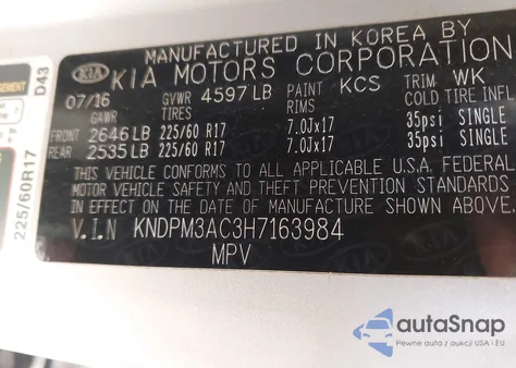 2017 Kia Sportage Lx z USA, uszkodzony, nr VIN KNDPM3AC3H7163984